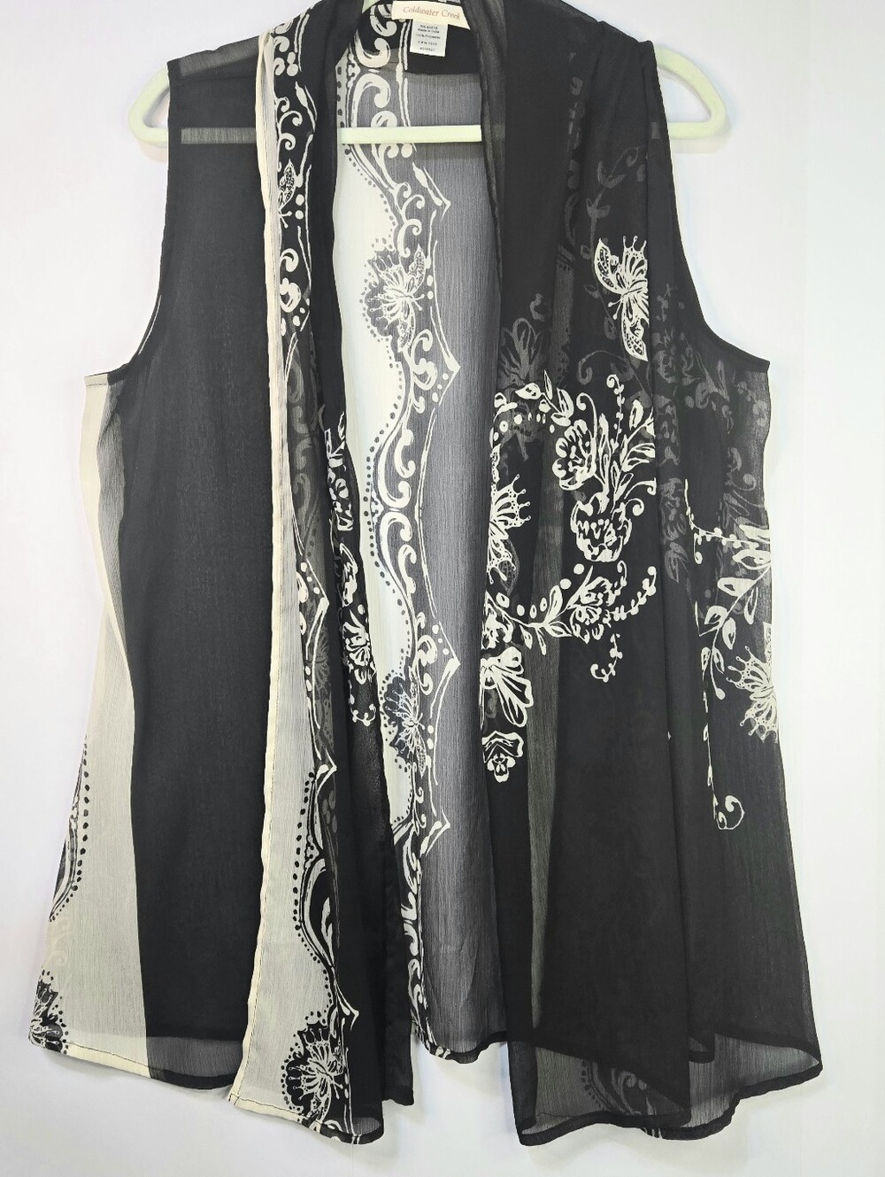 Coldwater Creek Sheer Black & Cream Patterned Cover-up/vest, Front Panels